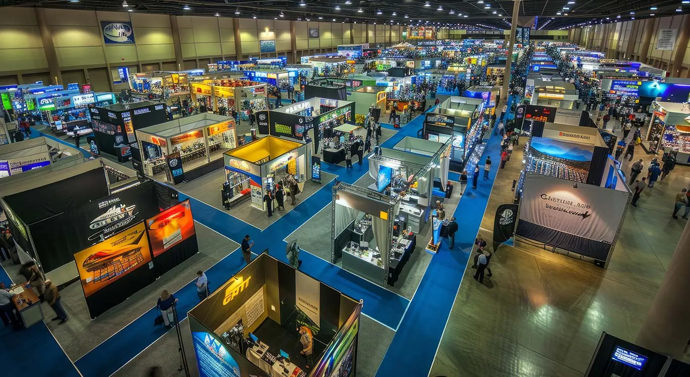 Trade show booths on exhibition floor